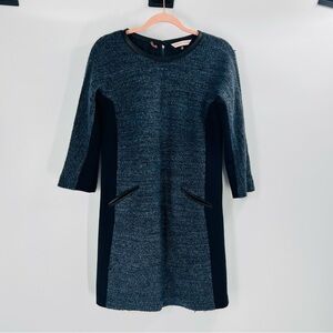 REBECCA TAYLOR dress shift sheath tweed leather trim pockets navy blue